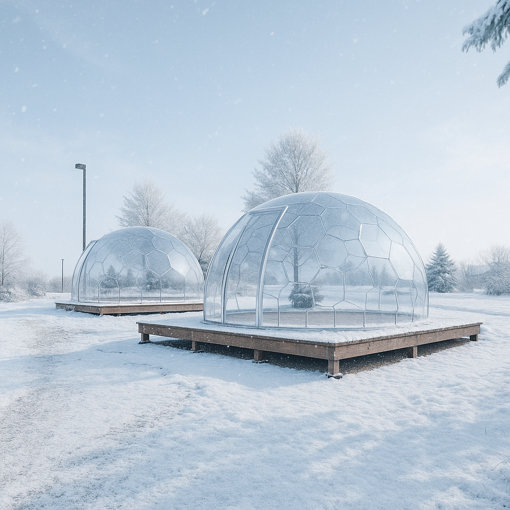 AI Clear domes on wooden platforms in snowy landscape.