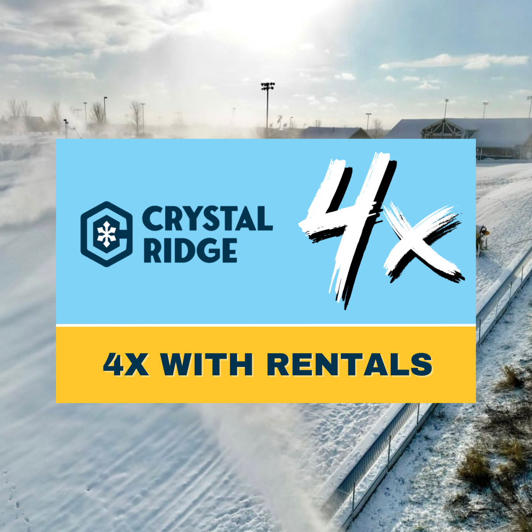 Ski resort under snow, logo text: Crystal Ridge, 4x with rentals.