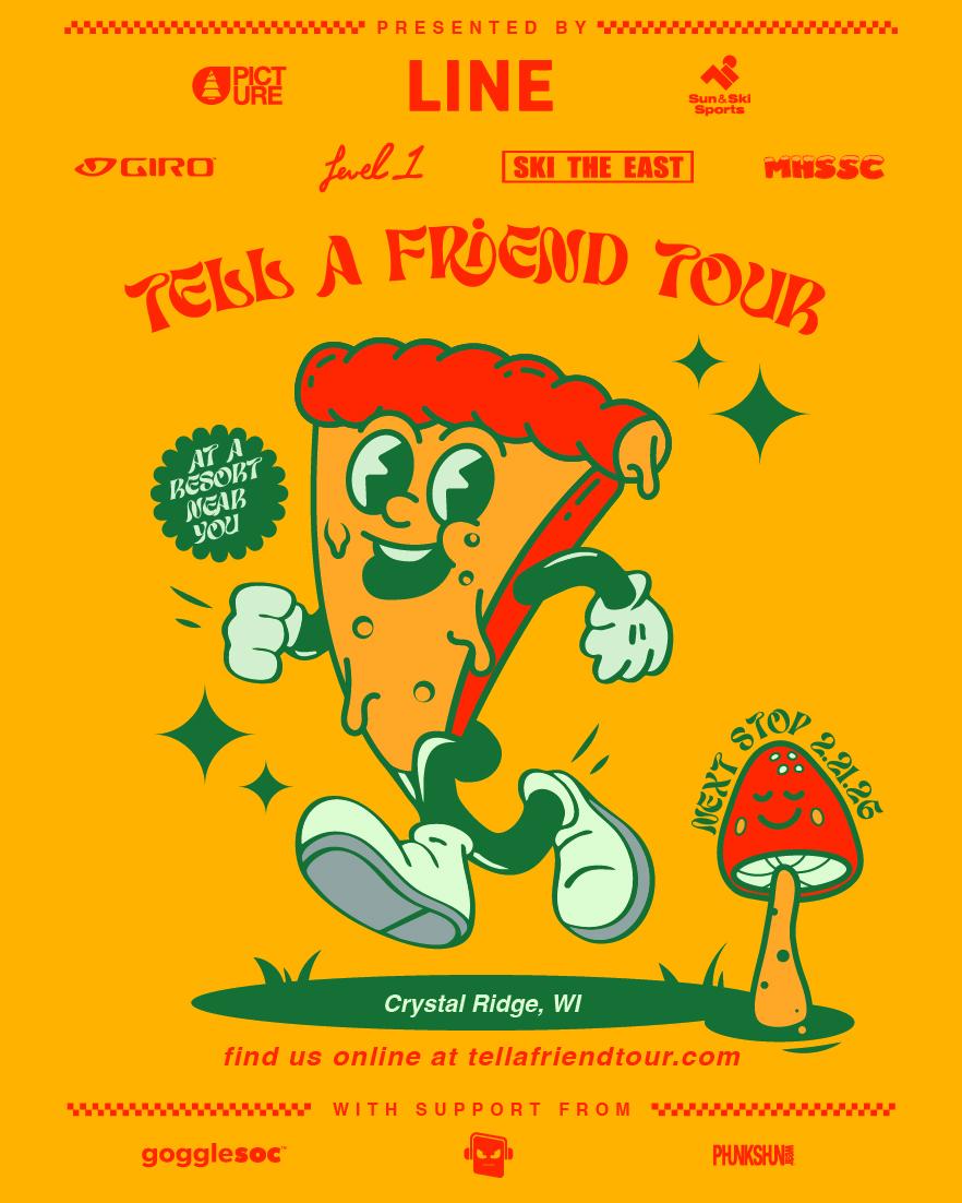Cartoon pizza slice and mushroom on a bright yellow background with red and green accents.