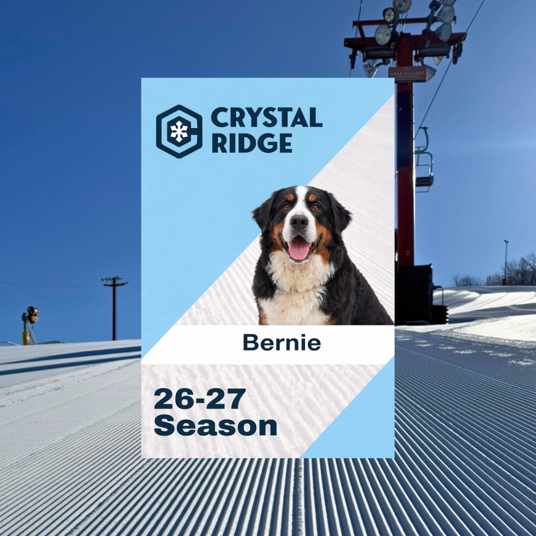 Snowy ski slopes with a ski lift; dog and text graphic overlay.