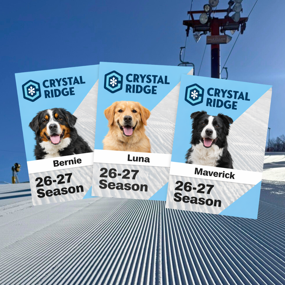 Ski resort passes with dogs in front of a snow-covered slope and ski lift.