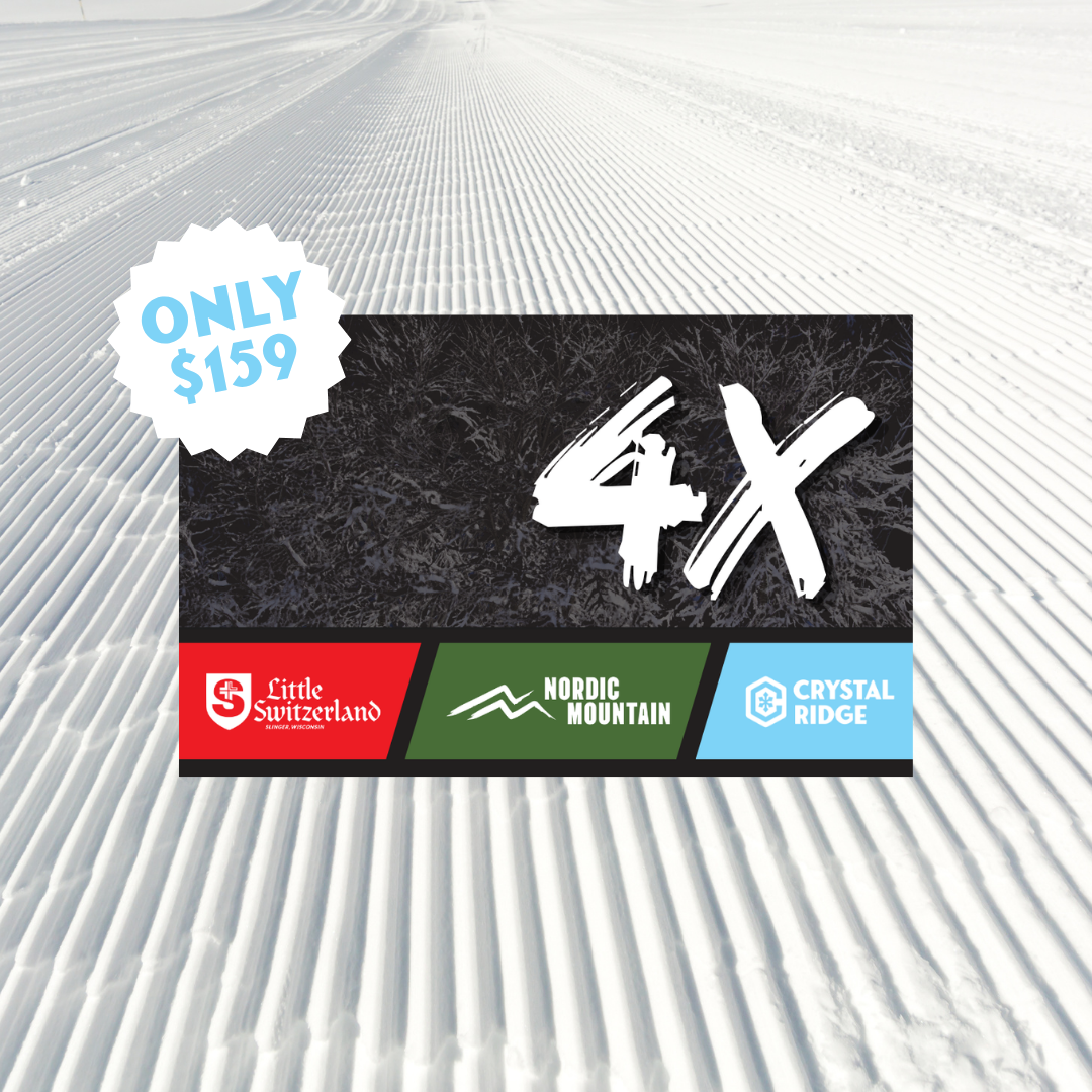 4X season pass graphic with ski slope background and $159 price badge