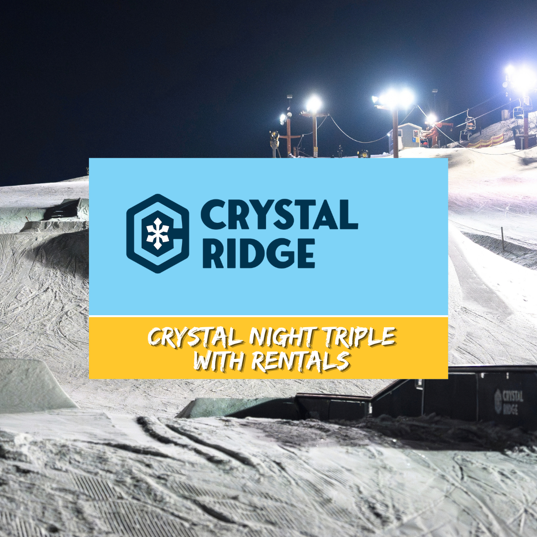 Crystal Ridge ski resort logo over a floodlit snowy slope at night