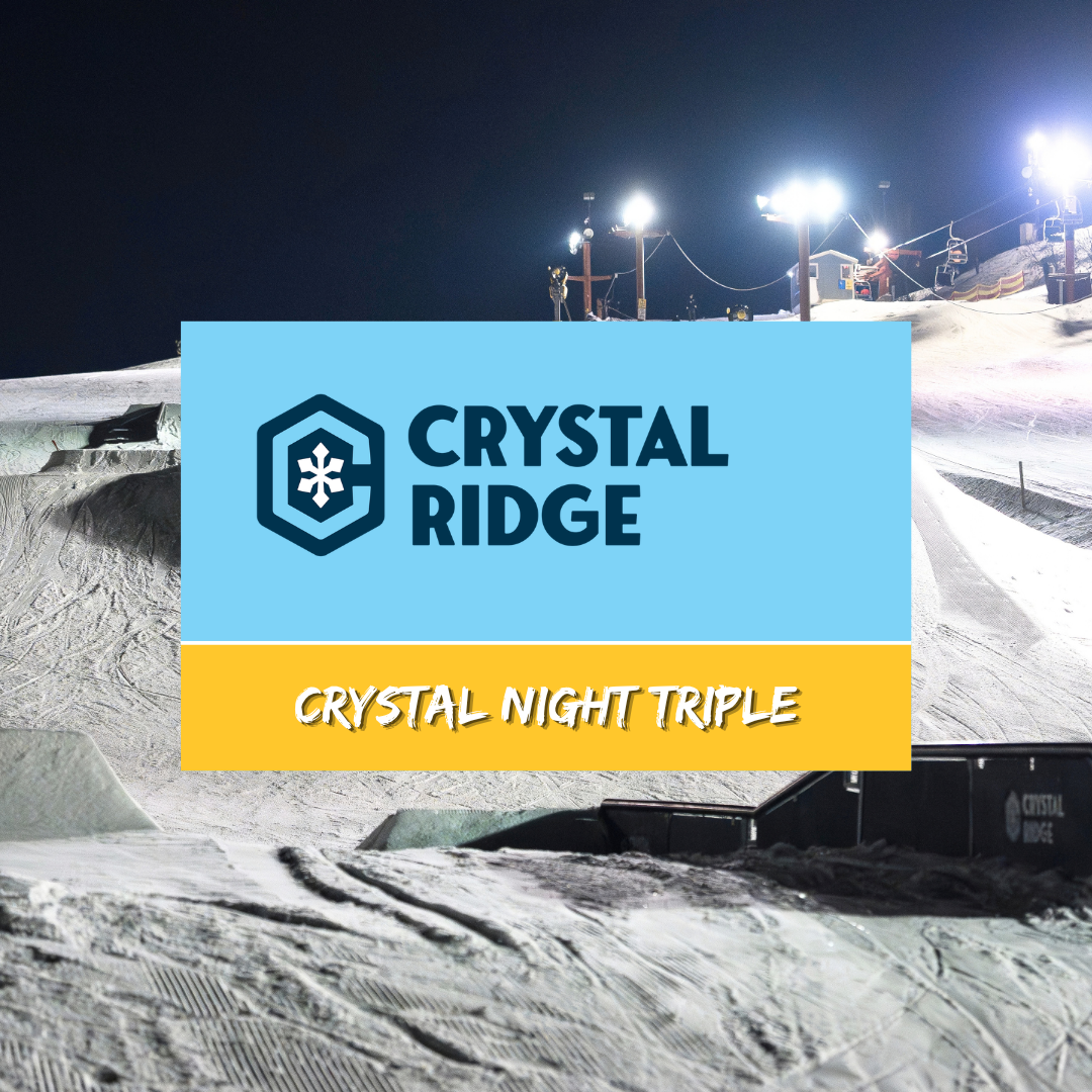 Crystal Ridge ski resort logo over a floodlit snowy slope at night.