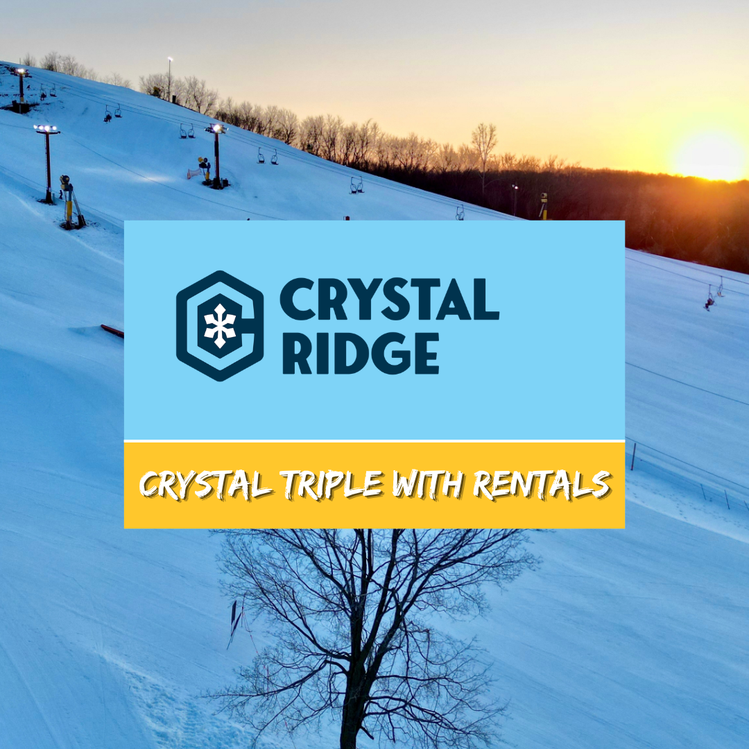 Crystal Ridge ski slope at sunset with rental promotion graphic.