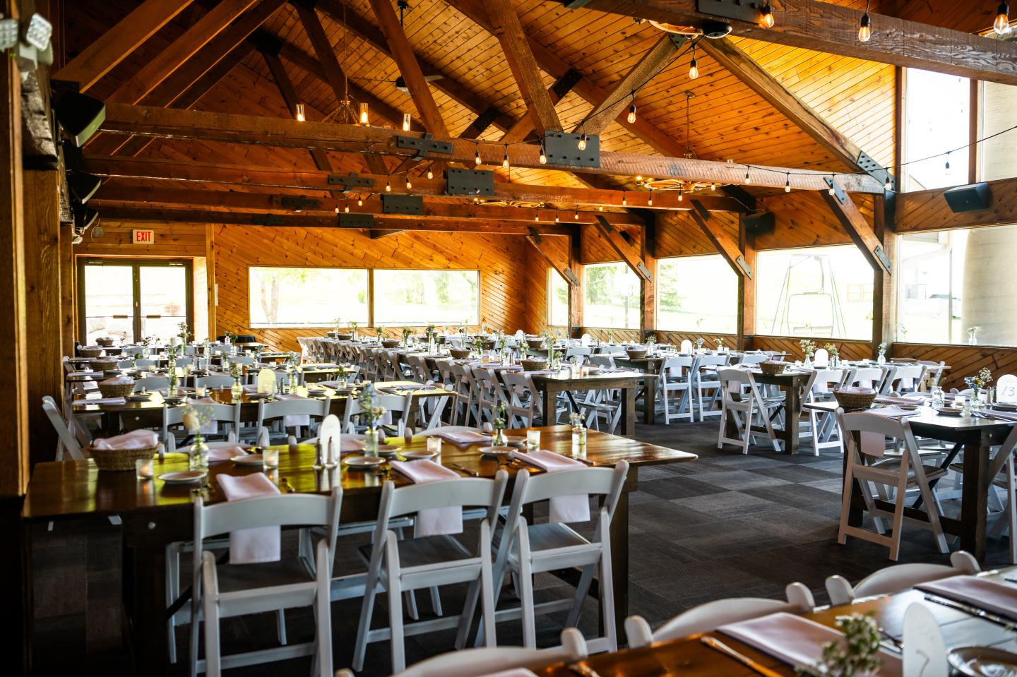 Lodge dining space decorated for a wedding