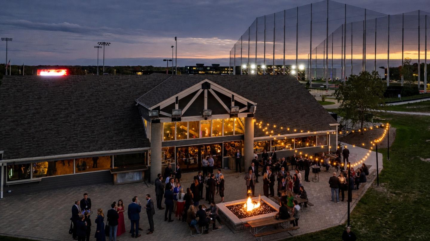 Twilight photo of a warmly lit outdoor pavilion with crowds gathered beneath a highway bridge.